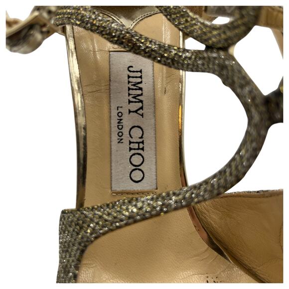 Jimmy Choo Lang Glitter Strappy Heeled Sandals Gold Silver Size 37 US 7 - Picture 5 of 10